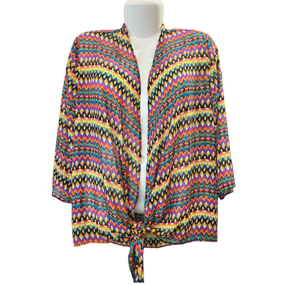 Slinky Brand Women's Multicolor Zig Zag Pattern Tie Front Cardigan Top | Size M